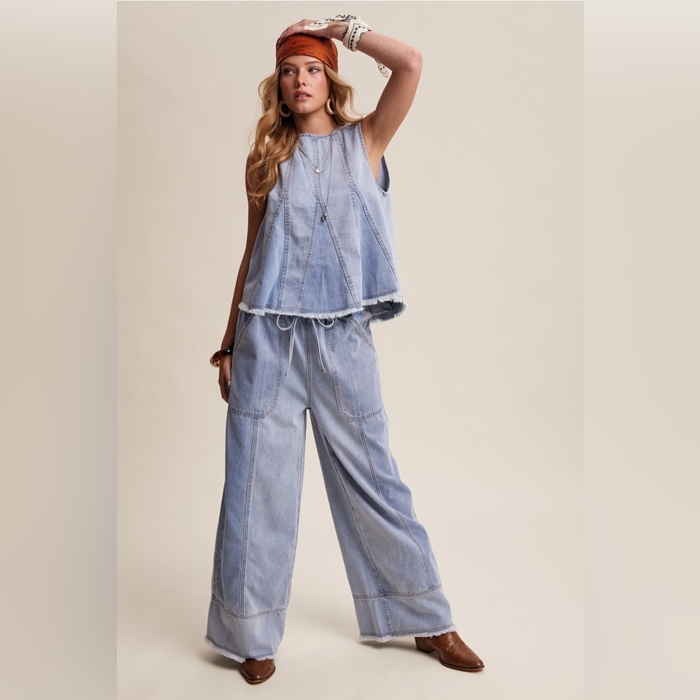 Listicle Light Blue Washed Denim Tank & Wide-Leg Pants Set - Picture 2 of 4